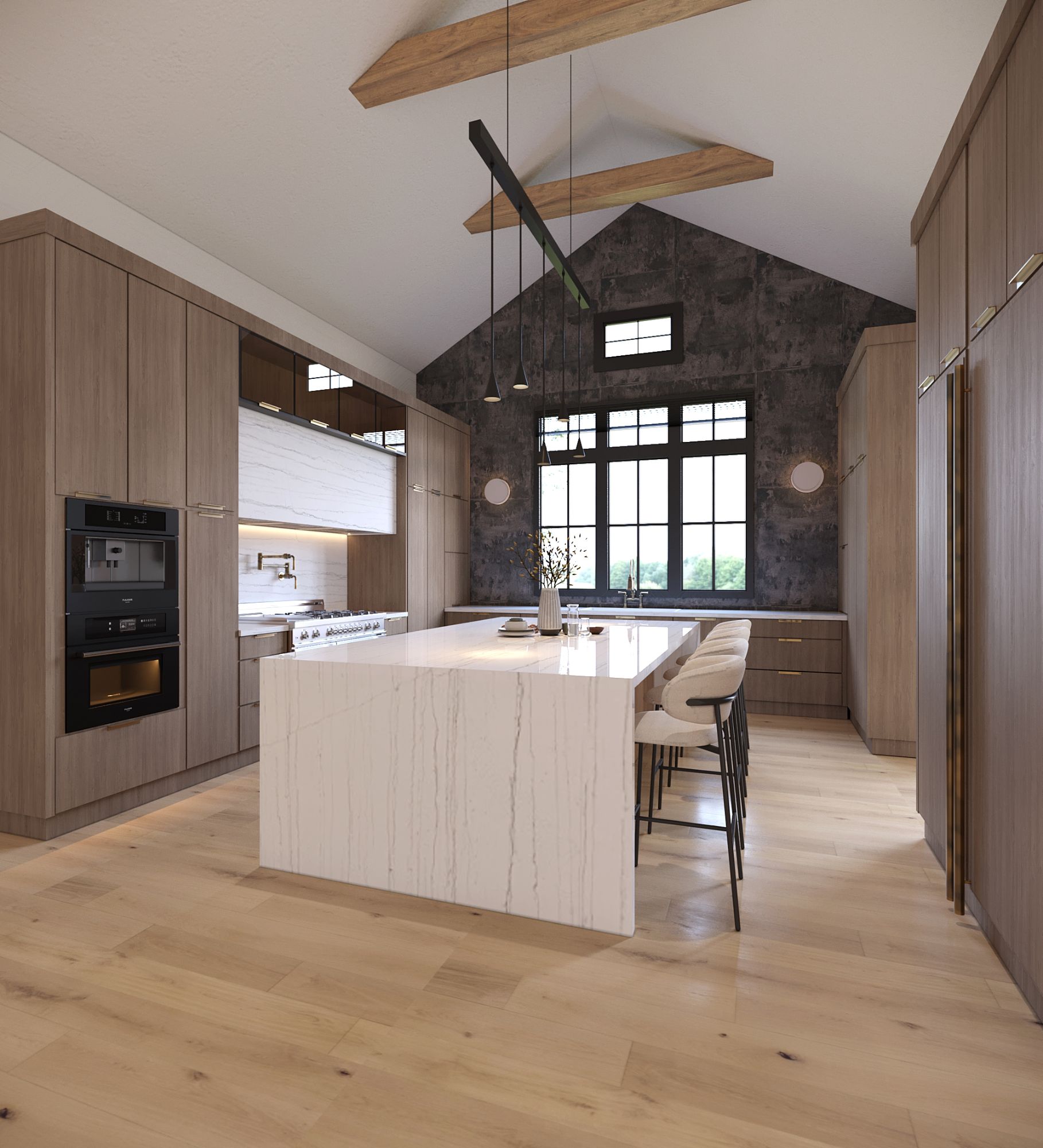 Kitchen with a waterfall marble island and vaulted beamed ceiling