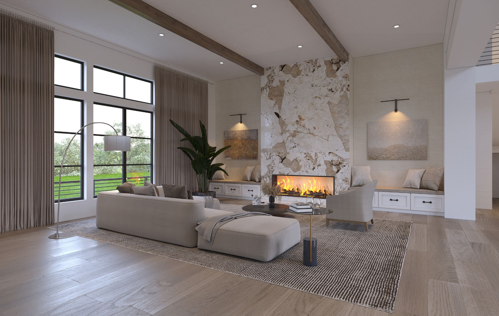Great room with a stone fireplace wall and floor-to-ceiling windows